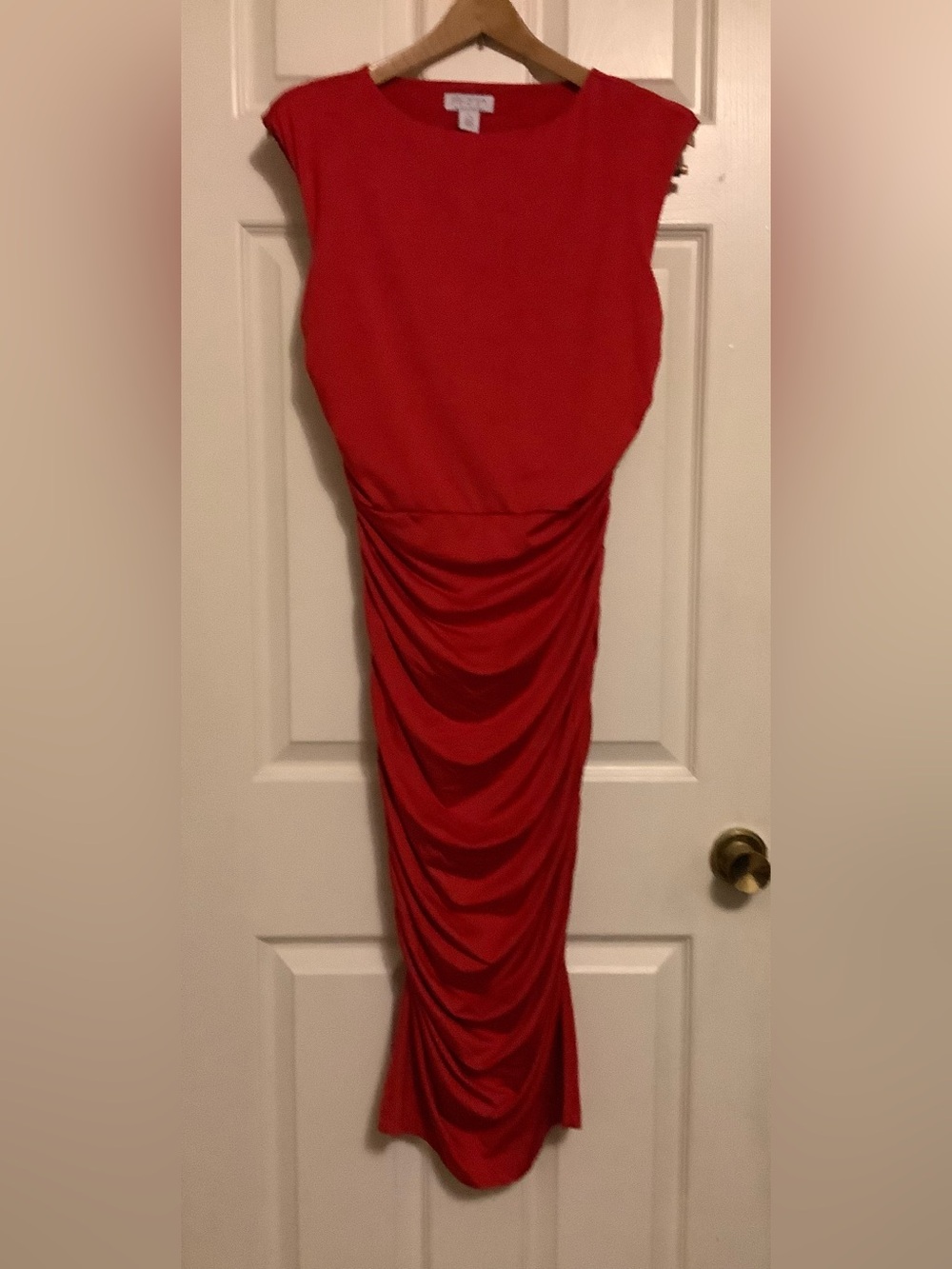 Sofia Jeans by Sofia Vergara Red Ruched Bodycon Midi Dress, Size M".